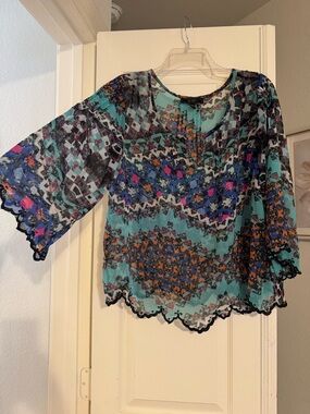 Jessica Simpson Teal Multi-Pattern Sheer Blouse